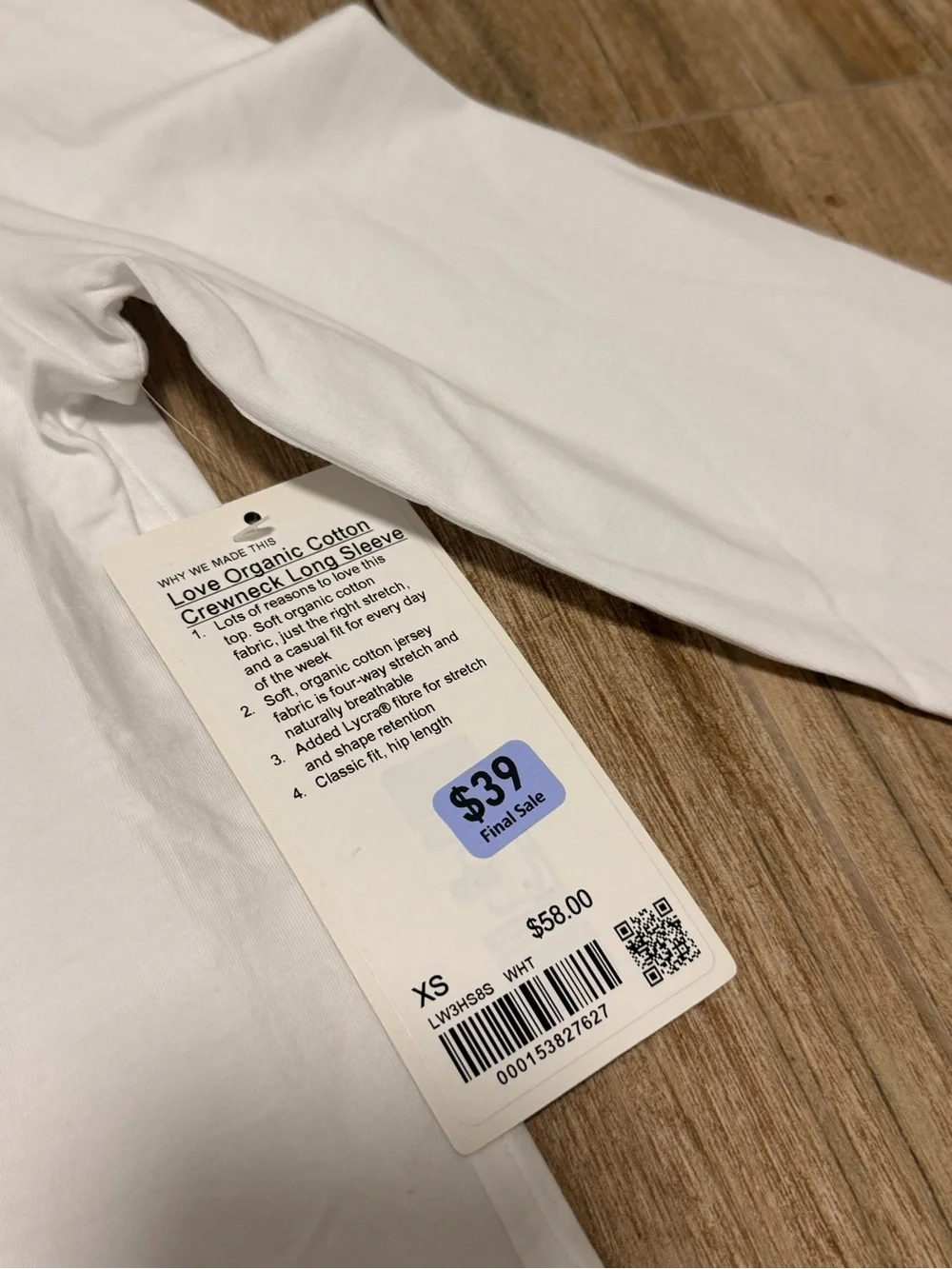 NWT Lululemon Love Organic Cotton Women's Long Sleeve Size XS Crewneck Top White